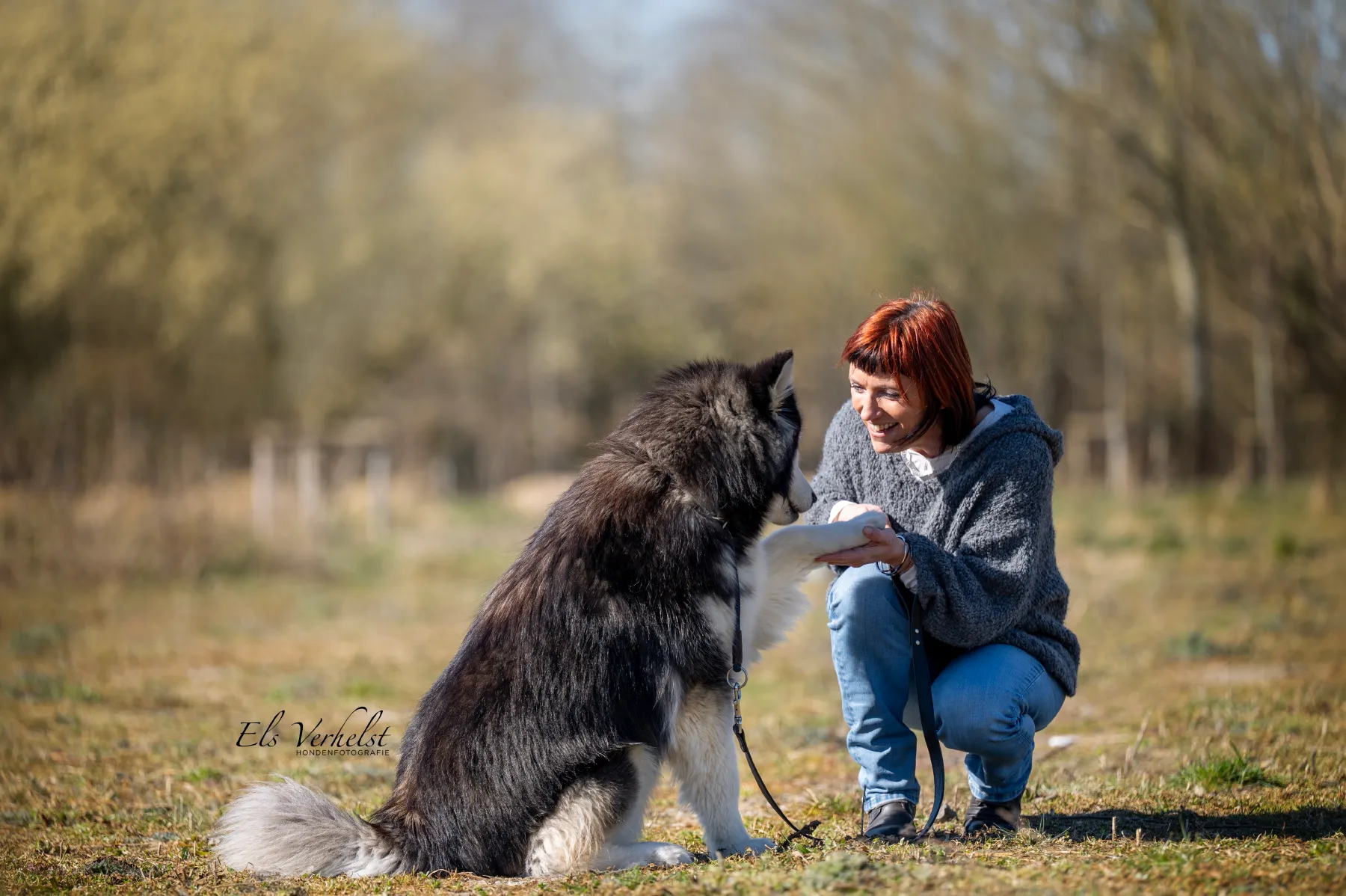 Een hond geeft Françoise een poot in een open veld